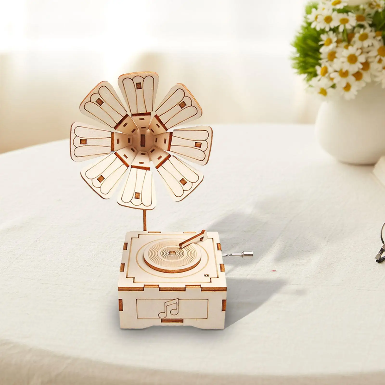 3D Wooden Puzzle Phonograph Assembling Model Educational Toys Engraved Music Box Gramophone Model for Best Gift Room Decor