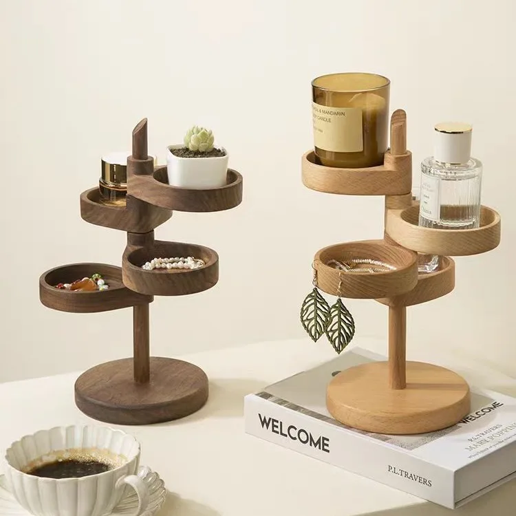 Estante de almacenamiento giratorio multicapa de madera, estante de almacenamiento de llaves para puerta de entrada, caja de almacenamiento de accesorios de escritorio de madera maciza creativa