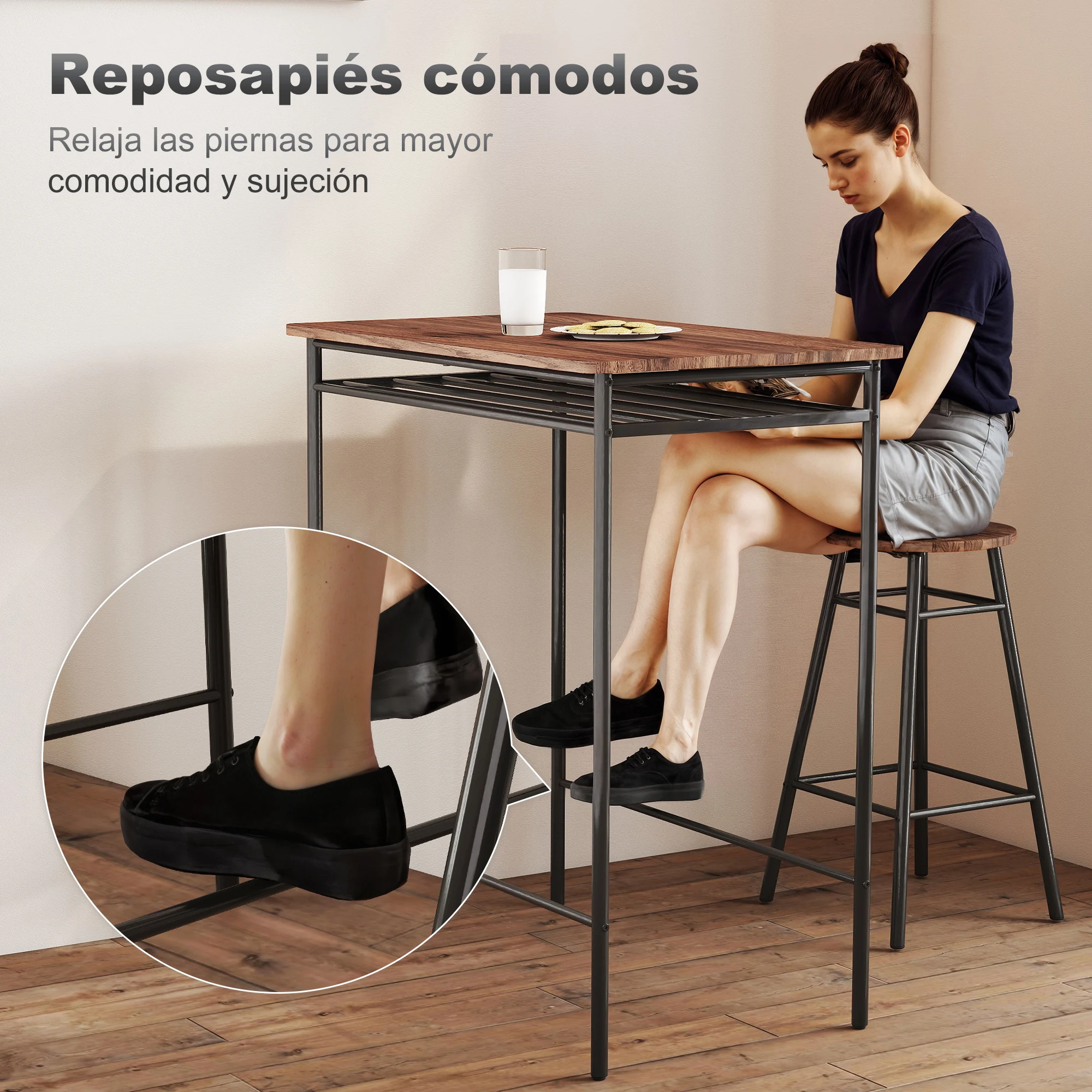 HOMCOM Juego de Mesa y Taburetes de Bar, Mesa Alta de Cocina con 2 Taburetes Industrial, Estante Abierto, Reposapiés, Ahorro de Espacio, para Espacios Reducidos, Comedor, Salón, Marrón - imagen 5