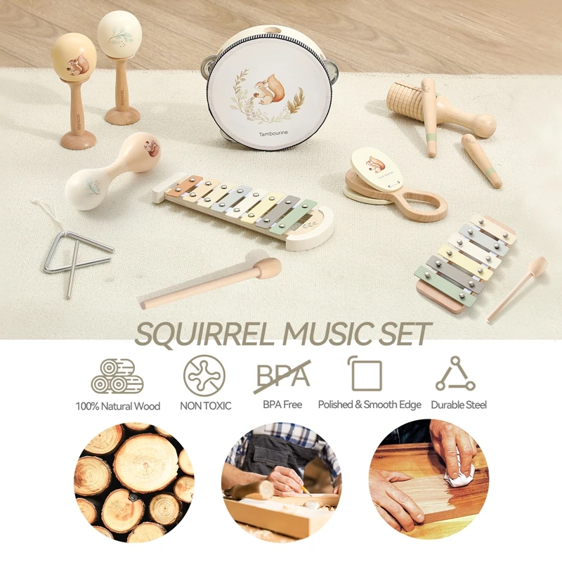Instrumentos de iluminación musical para bebés, juguetes musicales de percusión de madera, juguetes educativos Montessori para bebés, tambor, martillo de arena, regalo para bebé - imagen 4
