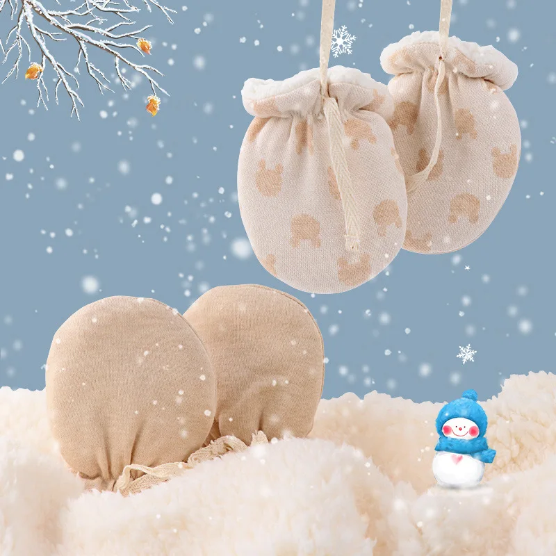 Manoplas antiarañazos para recién nacidos, manoplas forradas de algodón de colores naturales para bebés, guantes cálidos y gruesos de invierno para niños de 1 a 3 años