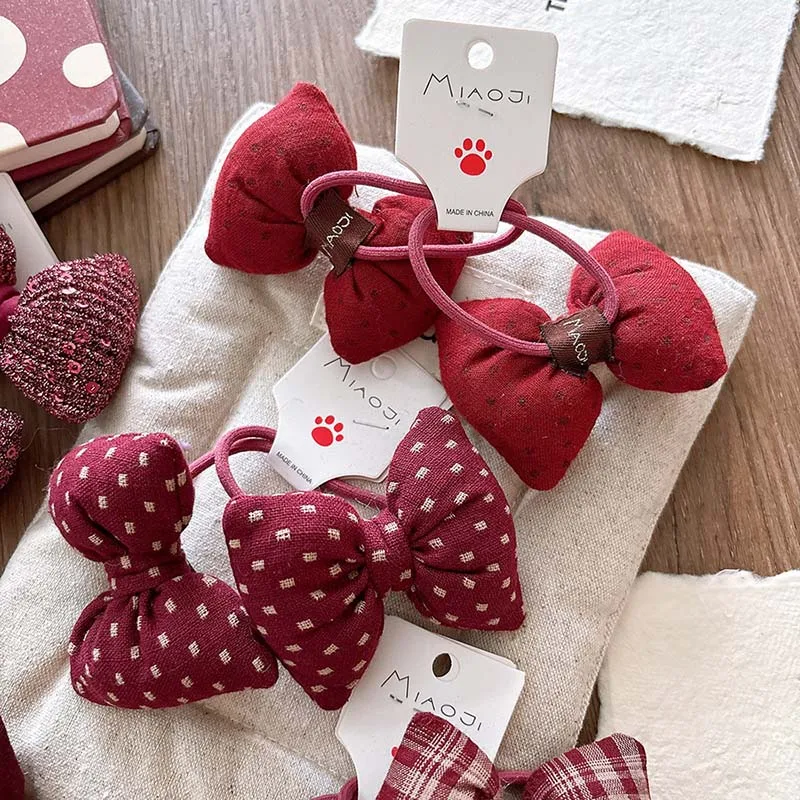 Anillo de cuerda para el pelo con lazo para niños coreanos, bandas elásticas para el pelo a cuadros rojos Vintage para niñas, accesorios para la cabeza hechos a mano, regalos, joyería - imagen 3