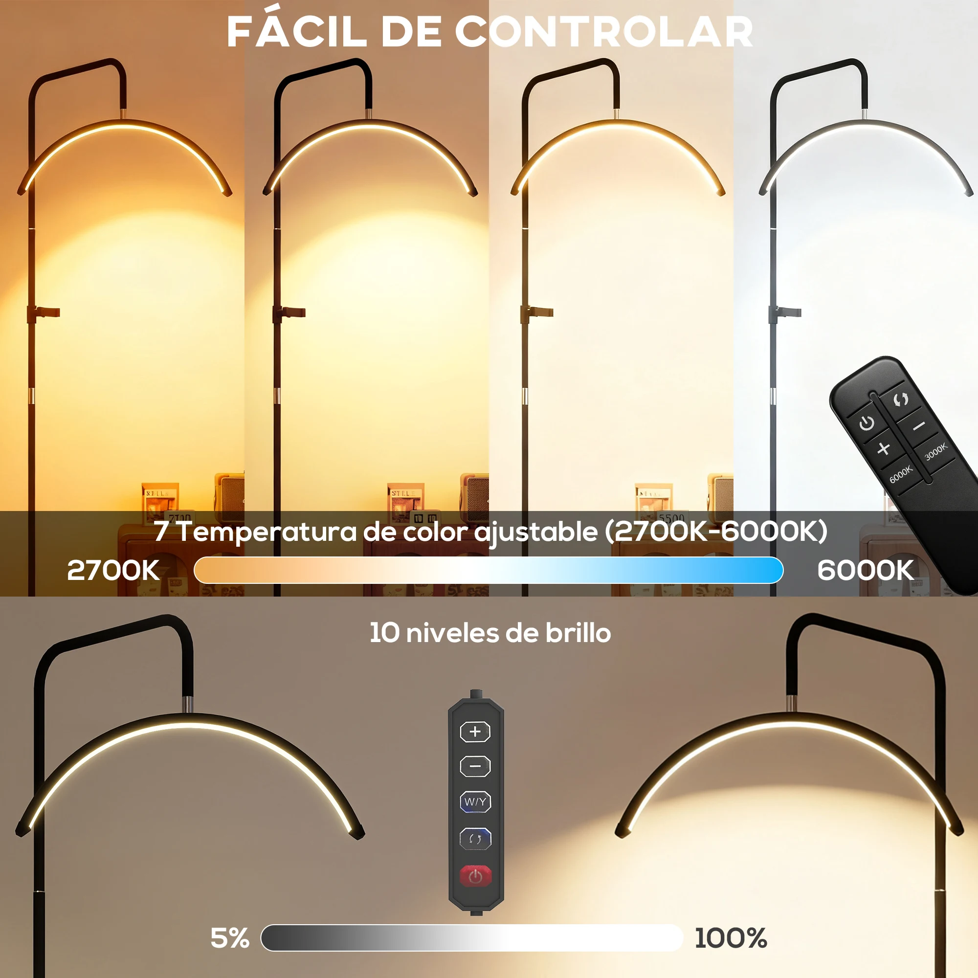 HOMCOM Lámpara Pestañas Media Luna, Lámpara de Pie con Cabeza Giratoria 350°, 7 Temperaturas de Color, Brillo Ajustable, Soporte para Teléfono, Control Remoto, para Uñas, Cuidado de Piel, Tatuajes - imagen 5