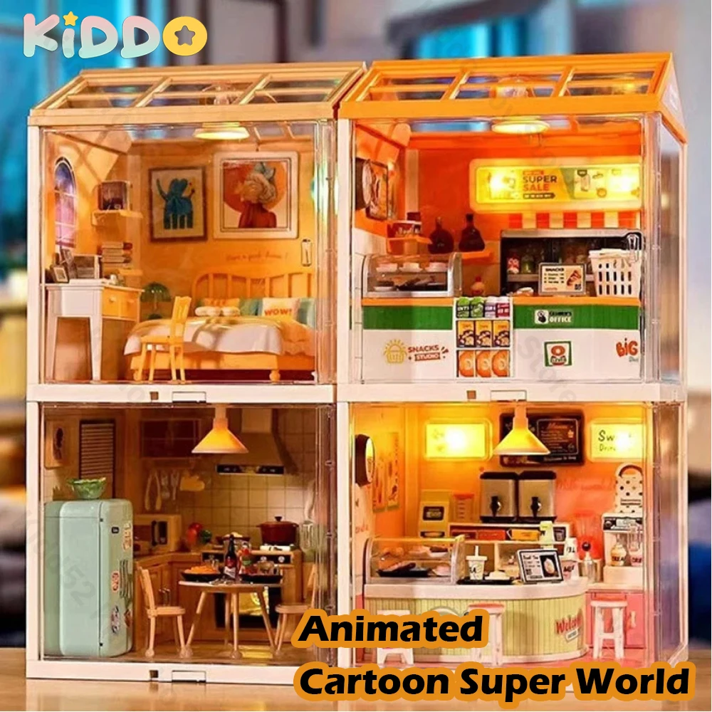 DIY dibujos animados Super World niños artesanía casa iluminación bloques de construcción escena montaje casa en miniatura juguetes regalos