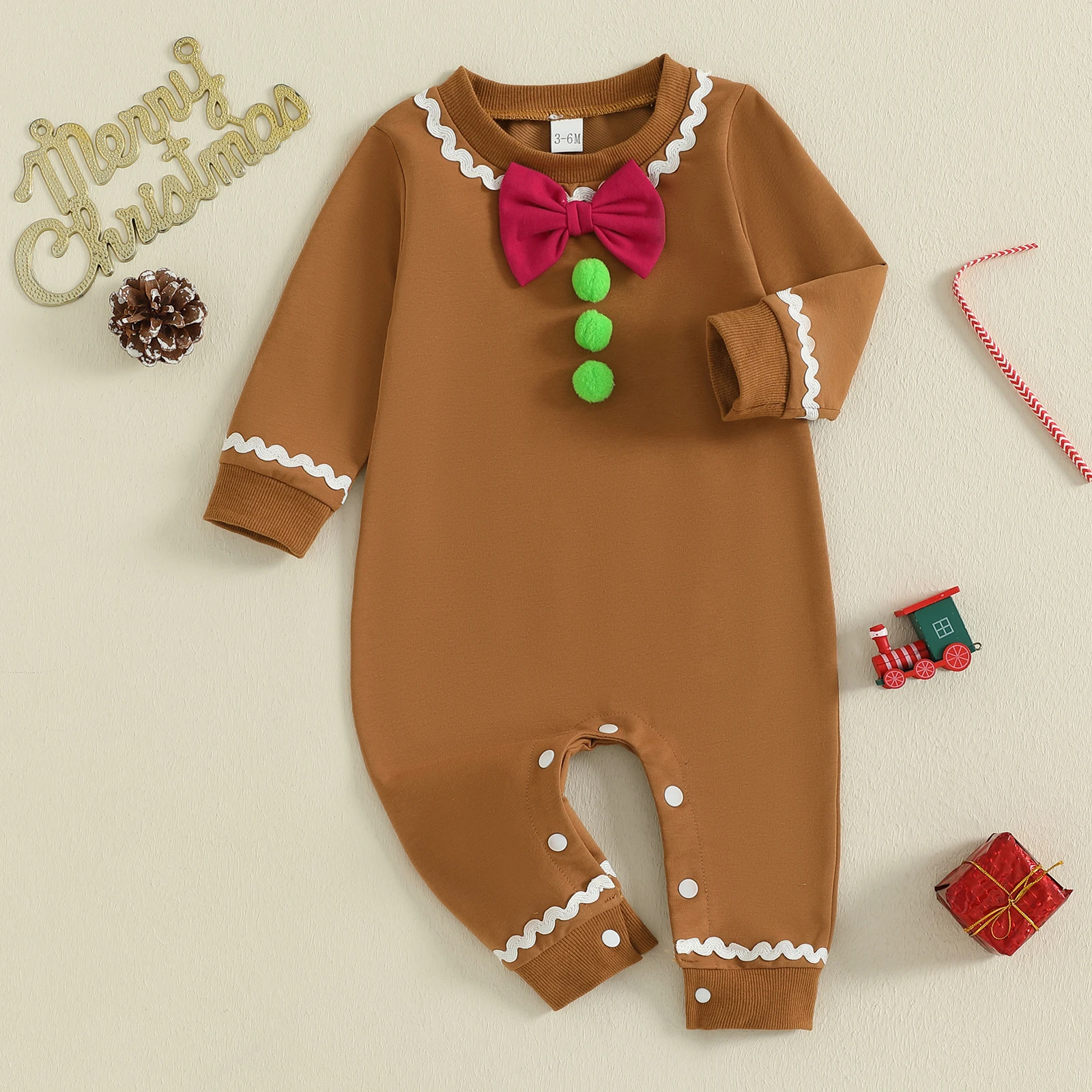 SUNSIOM-mono de pan de jengibre para bebé de 0 a 18 meses, peleles de Navidad de manga larga con lazo decorativo y bolas de felpa