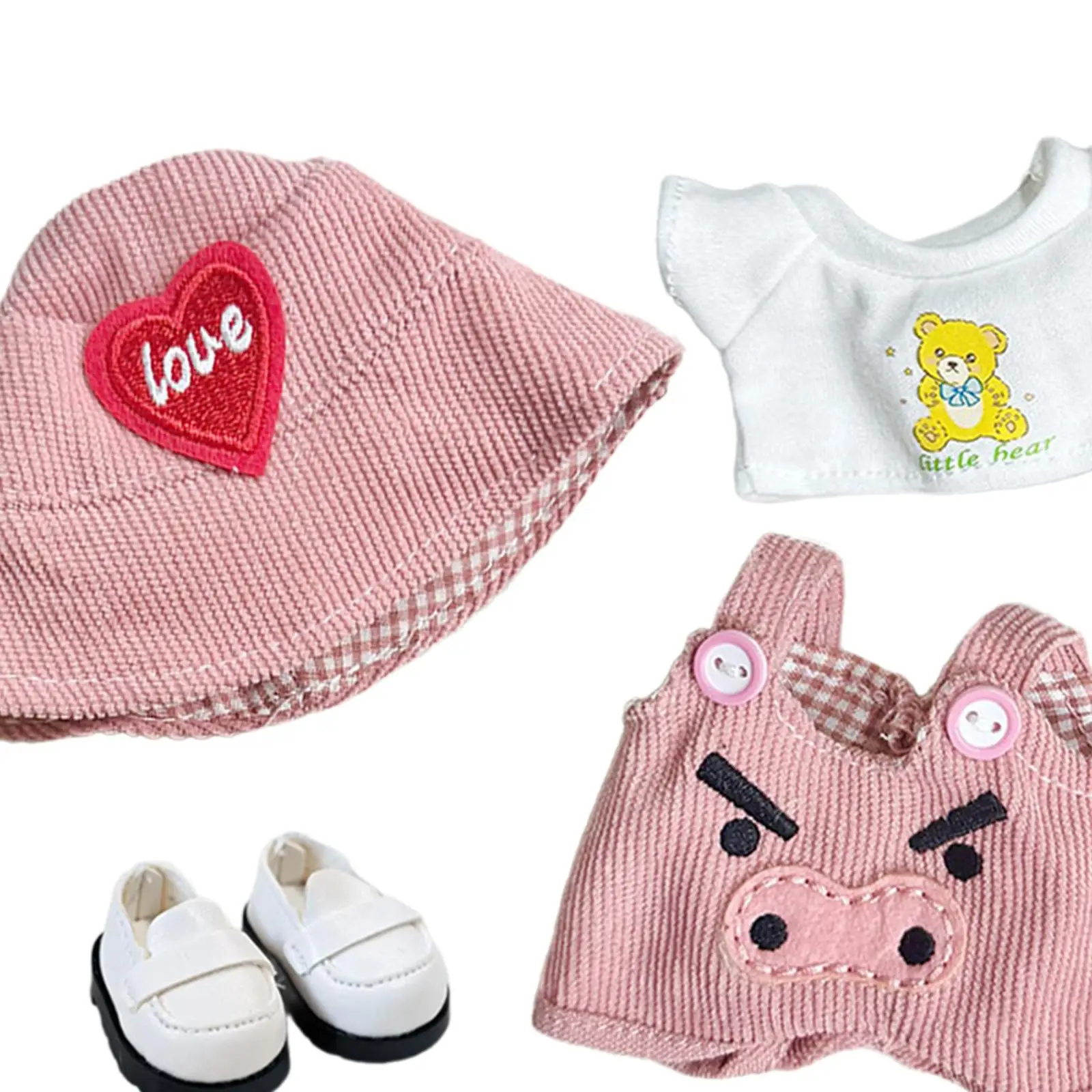 Doll Clothes for 15cm Plush Doll A Pair of Shoes Comfortable Red Heart Hat Fashion Dress up Pocket Suspender Pants Costumes Cute