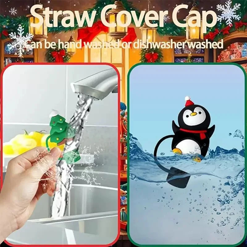 1/3/6 PCS Fundas de paja de silicona estilo navideño, lindos protectores de punta de paja de silicona reutilizables - Adecuados para Navidad, Halloween - imagen 4