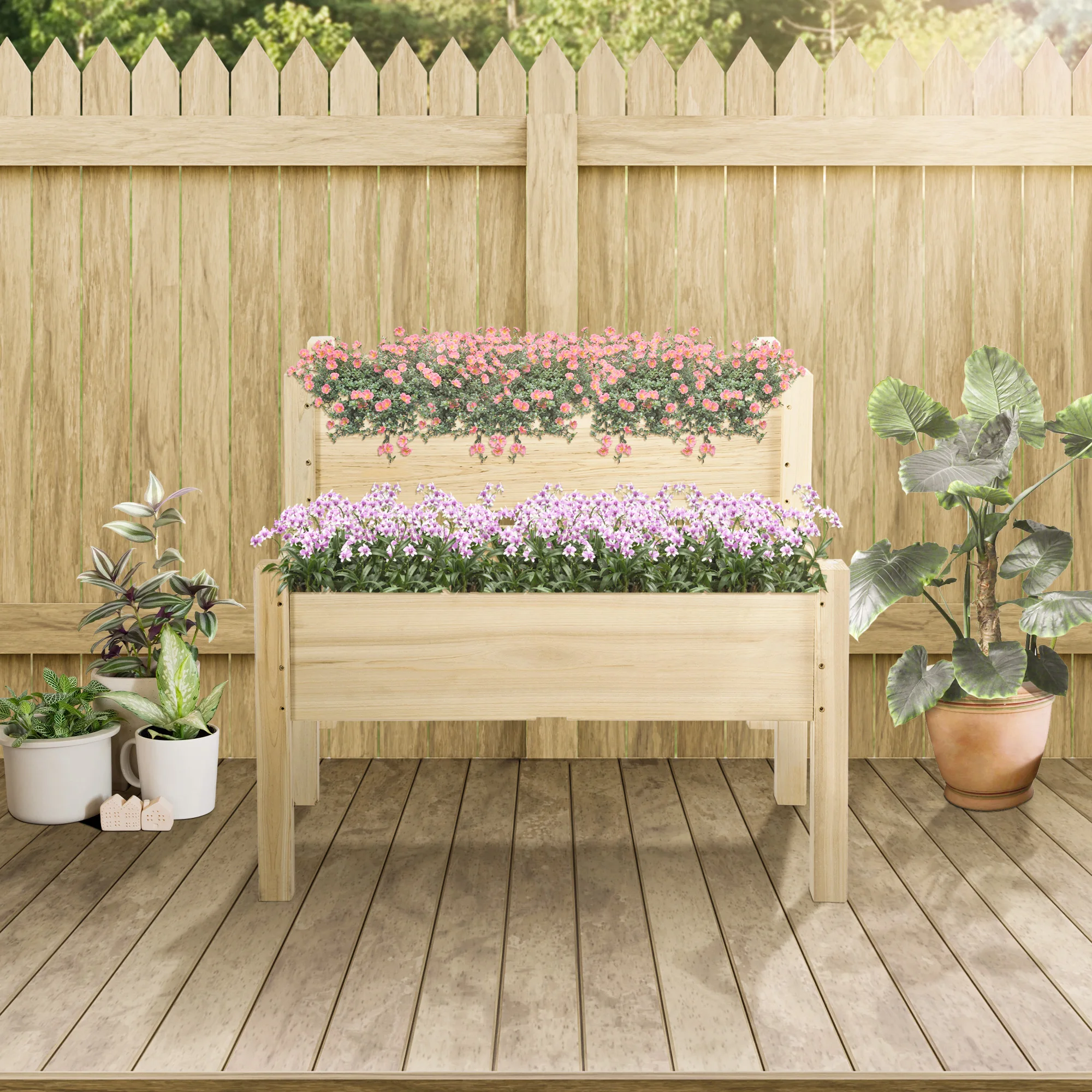 Outsunny Mesa de Cultivo Huerto Urbano Elevado de Madera de 2 Niveles Mesa de Jardinera para Cultivo Plantas Flores Verduras 86x85x72 cm Madera Natural - imagen 2