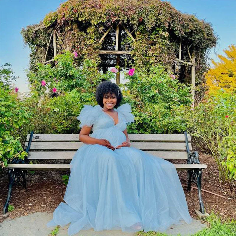 Nuevo vestido de mujer embarazada, ropa de fotografía de encaje, vestidos de manga corta, tul, maternidad, cuello en V, falda dividida, accesorios para sesión de fotos - imagen 4