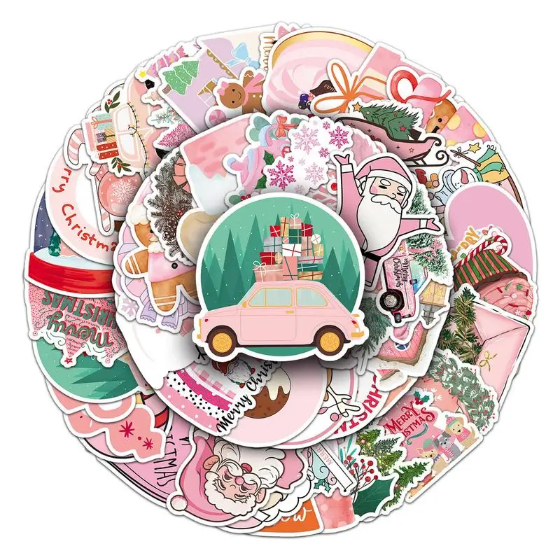 Pegatina navideña 50X, calcomanías rosas con tema navideño a granel, pegatinas impermeables para botellas de agua navideñas para botellas de agua y teléfono
