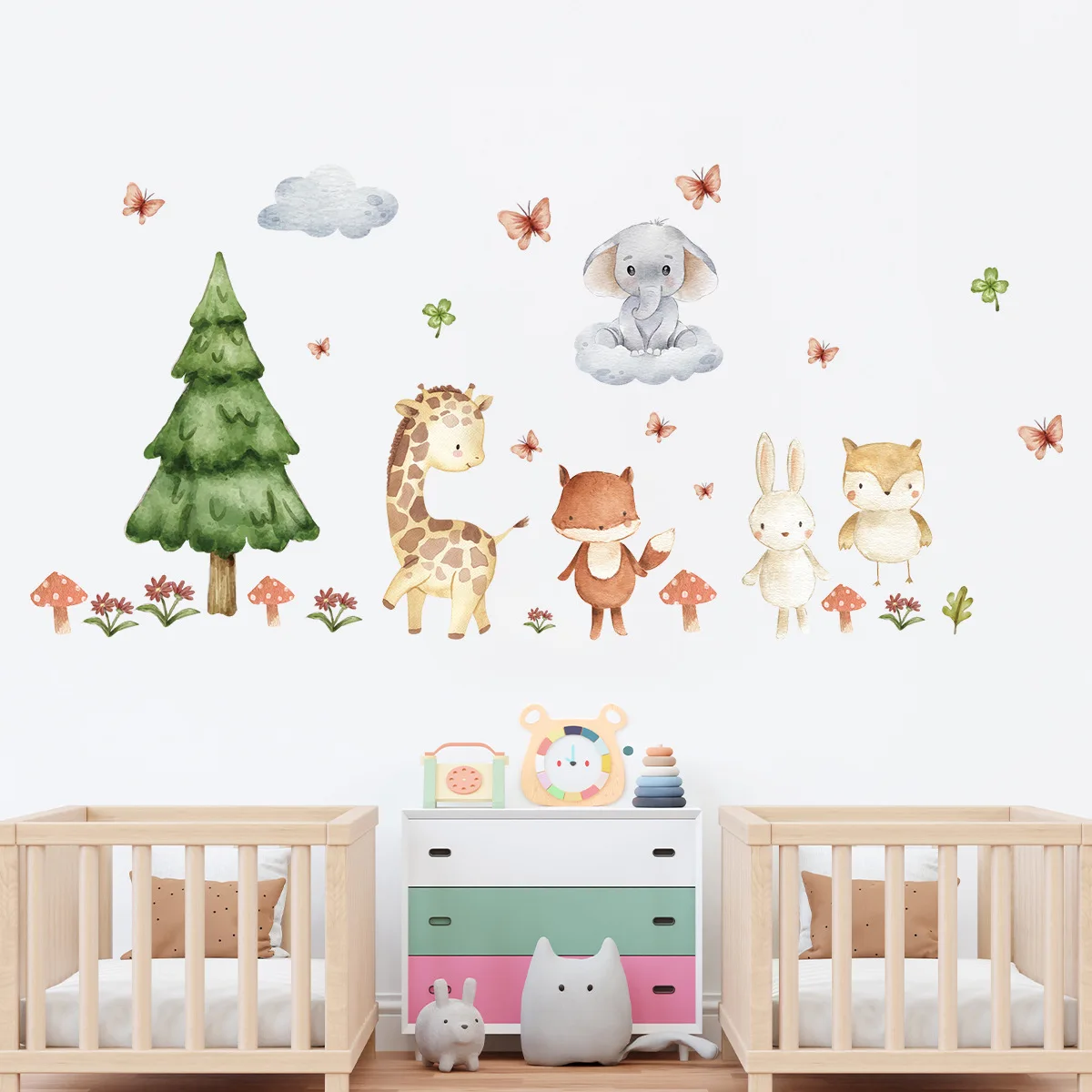Pegatinas de pared de bosque de animales de dibujos animados, decoración para habitación de niños, calcomanías de pared autoadhesivas, decoración para habitación de guardería de bebé y guardería - imagen 4