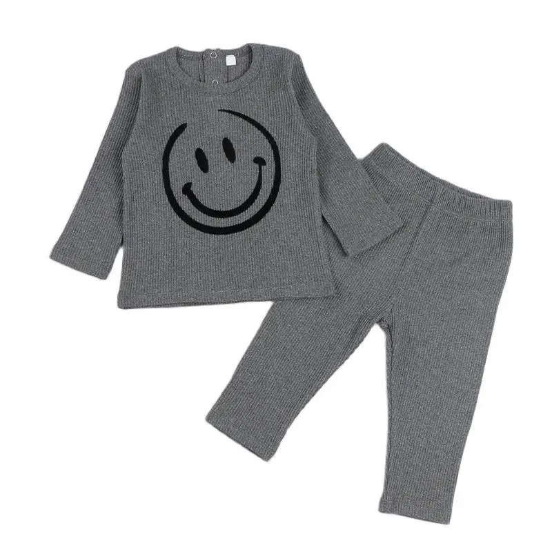 Conjunto de pijama acanalado para niño y niña, ropa de cuello redondo, top y pantalones, invierno, sonrisa flocada, 2 piezas - imagen 2