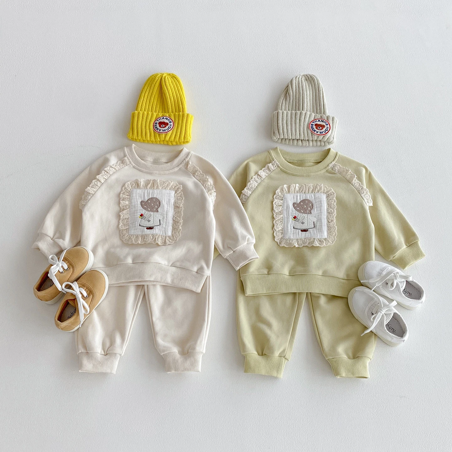 Otoño nuevo conjunto de ropa para niños Sudadera con capucha de encaje y pantalones largos 2 piezas traje deportivo para niñas traje para niños