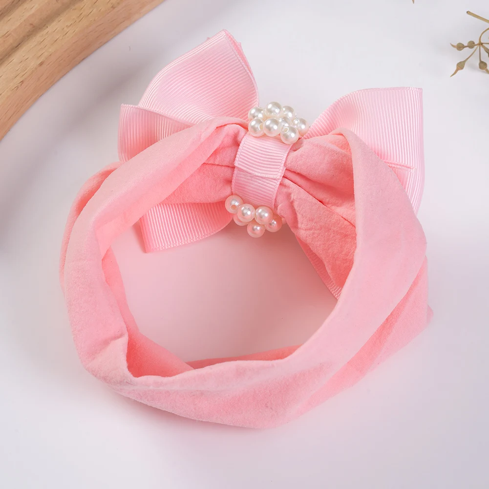 Diadema de nailon liso con lazo y perlas para bebé recién nacido - imagen 3
