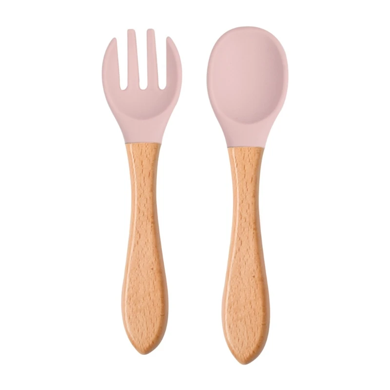 2 unids/set cuchara de alimentación de bebé tenedor mango de madera cuchara tenedor conjunto punta de silicona suave cuchara tenedor sin BPA grado alimenticio niños pequeños - imagen 3
