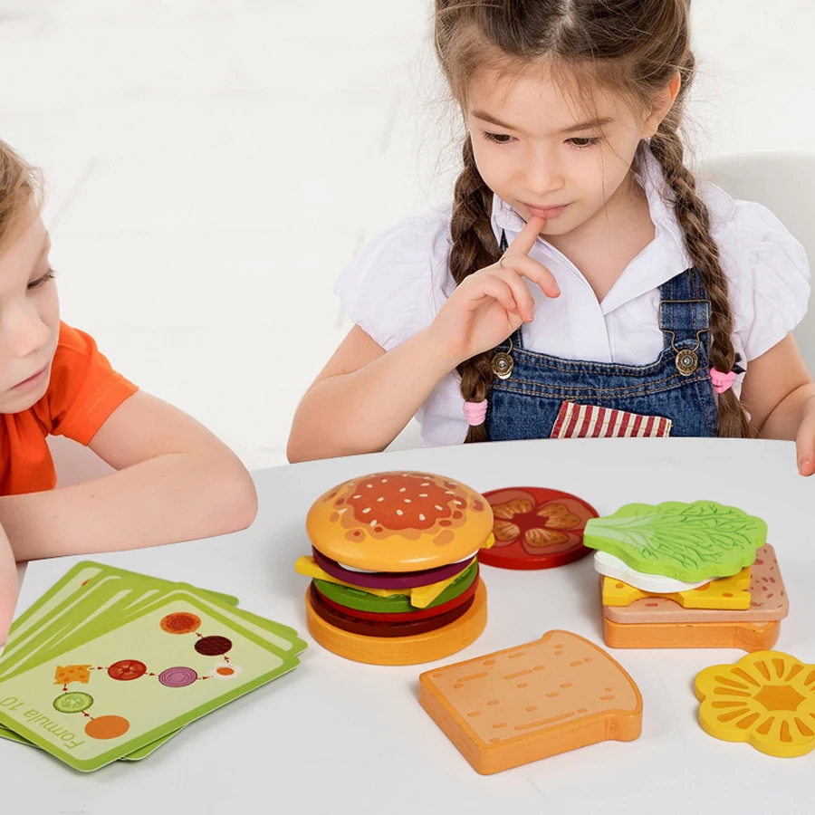 Juguetes apilables de hamburguesas de madera Montessori para niños pequeños, juguetes educativos para preescolar, juego de comida, juguete de cumpleaños a juego para niños
