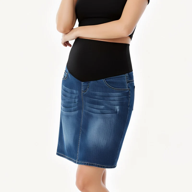Ropa para mujeres embarazadas, falda vaquera de maternidad, cintura alta, buen estiramiento, banda de cintura plegable, falda vaquera para embarazo de talla grande S a 4XL - imagen 5