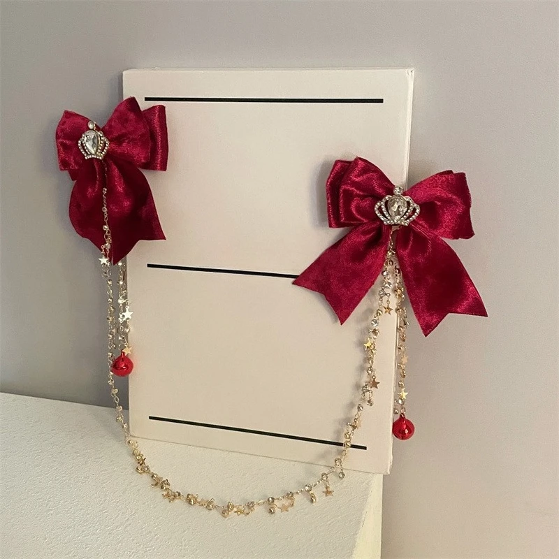 Conjunto de pinzas para el cabello festivas rojas de Año Nuevo, pinzas de cocodrilo con borlas y corona de campana y lazo, accesorios para el cabello versátiles para ambiente festivo para niñas - imagen 5