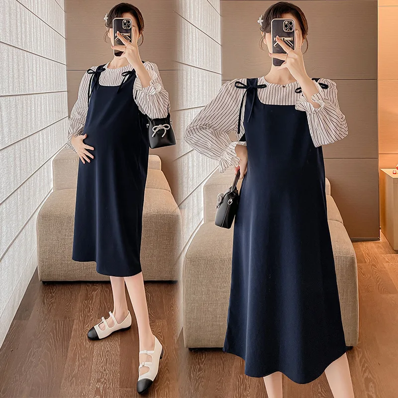 Otoño largo mujeres embarazadas vestido plisado cuello Peter Pan manga larga botón mosca maternidad vestido de lactancia camisas de lactancia