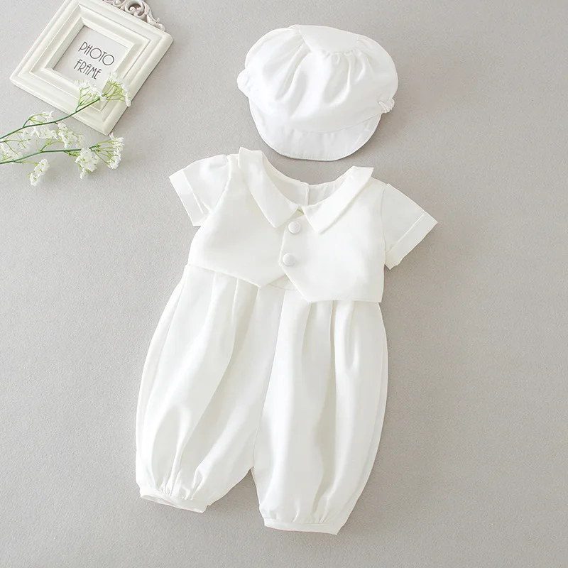 Ropa de bautizo para bebés de 0 a 2 años, trajes de cumpleaños blancos con sombrero, conjunto de 2 piezas - imagen 2