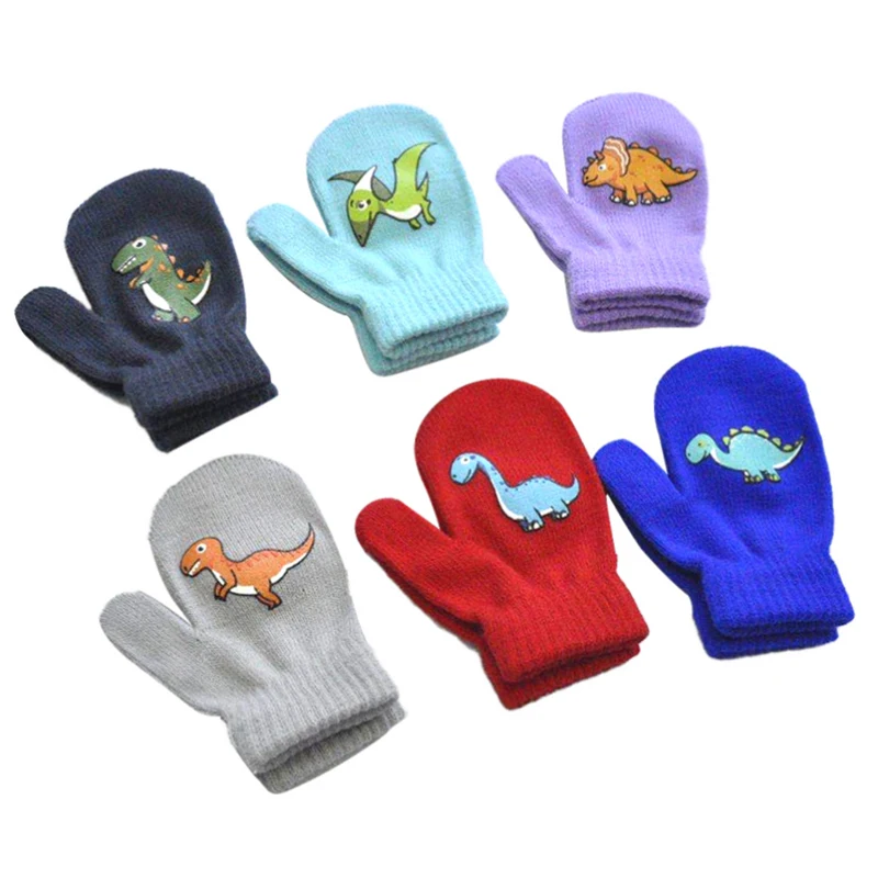New 1-3Y Winter Knitted Baby Gloves For Children Pupil Student Outdoor Solid Dinosaur Full Finger Mittens Autumn Warmer Hand - imagen 4