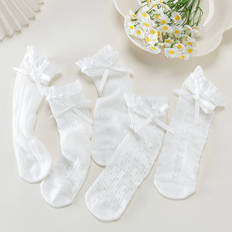 1 par de calcetines de encaje blanco de verano para niñas, calcetines de princesa sin costuras a media pantorrilla con malla con lazo, bonitos calcetines de algodón transpirables - imagen 2