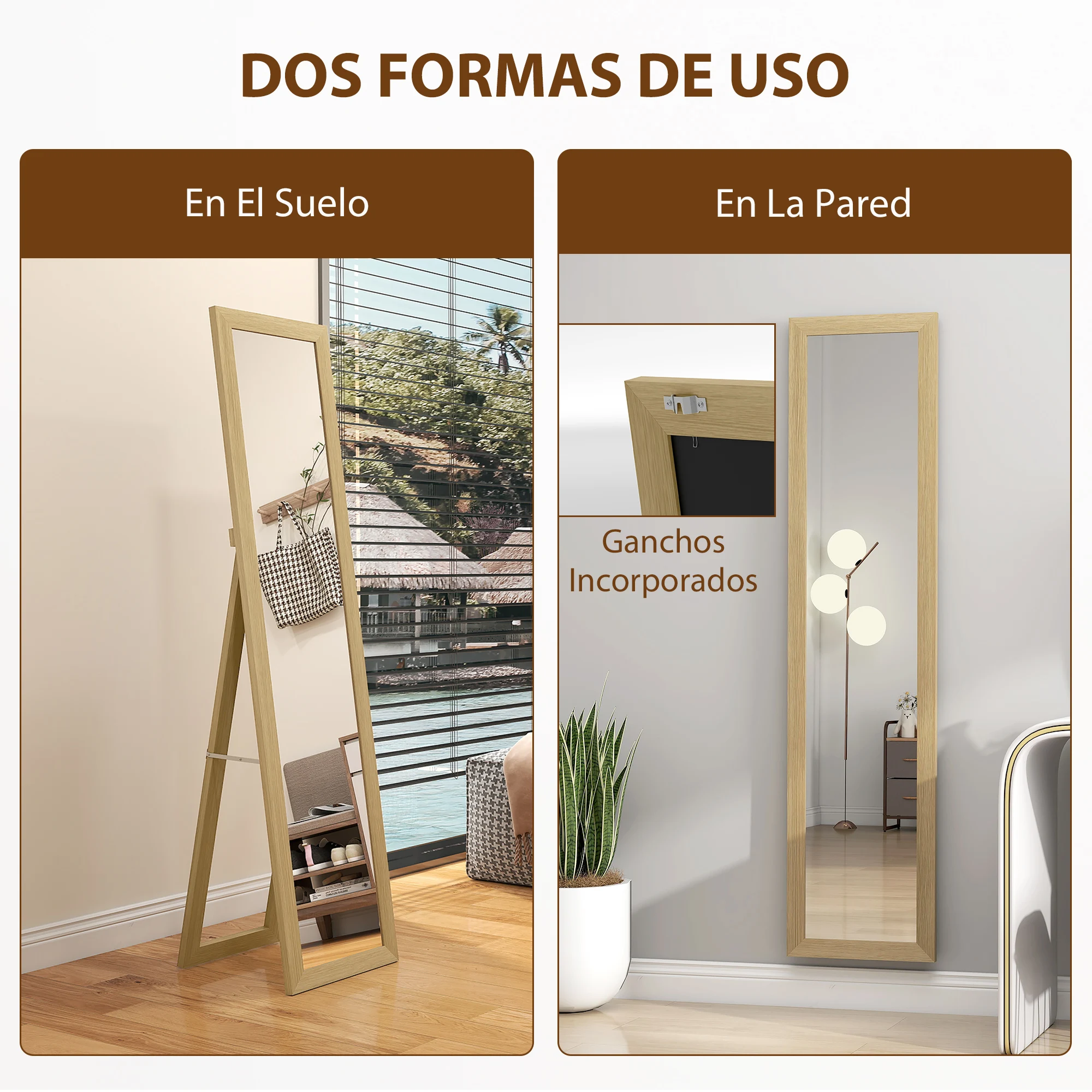 HOMCOM Espejo de Pie Cuerpo Entero 157x37 cm, Espejo de Cuerpo Entero con Soporte, 3 Formas de Uso, Independiente, Montaje Pared y Apoyado, para Salón, Entrada, Dormitorio, Roble - imagen 5