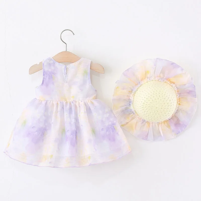 Conjuntos de 2 piezas de vestido de verano para niña pequeña, vestidos coreanos de princesa sin mangas de malla de algodón con flores + sombrero, ropa de Boutique para niños B110 - imagen 2