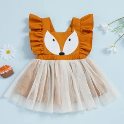 SUNSIOM – robe en Tulle pour bébé fille, Patchwork, imprimé renard de dessin animé, manches flottantes, col carré, robe trapèze