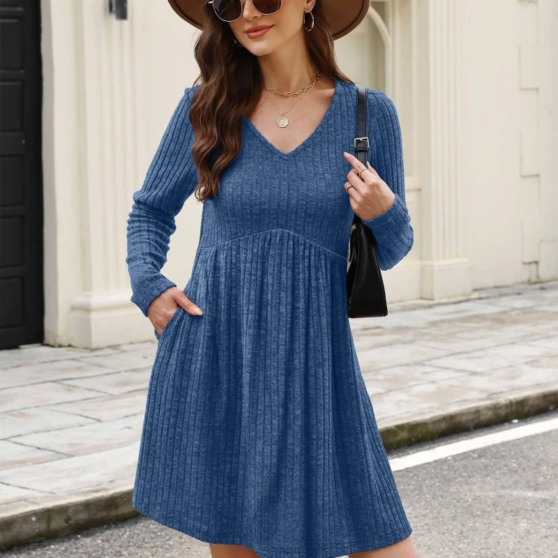 Vestido de punto acanalado con cuello en V para mujer, falda midi de corte A informal minimalista, manga larga, adelgazante de cintura, otoño e invierno - imagen 4