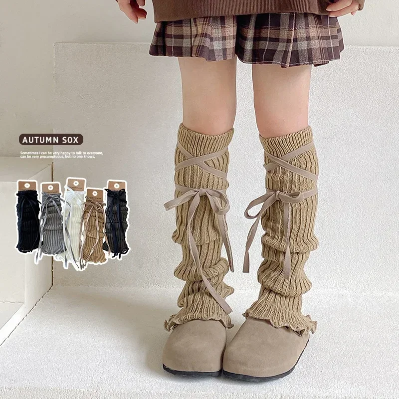 1 par de calcetines escolares de moda para niños y niñas, calentadores de piernas con correa cruzada y lazo de diseño creativo, calcetín cálido para Otoño e Invierno