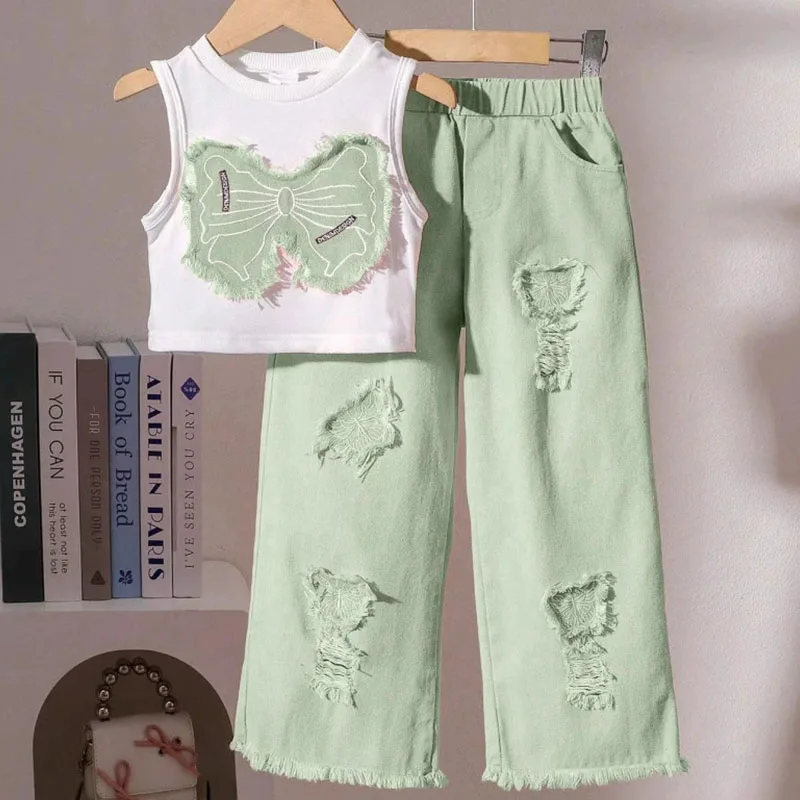 Conjuntos de 2 piezas de disfraz de verano, ropa para niño niña, Tops sin mangas de mariposa a la moda para bebé + pantalones con agujeros, ropa de Boutique para niños B276 - imagen 2