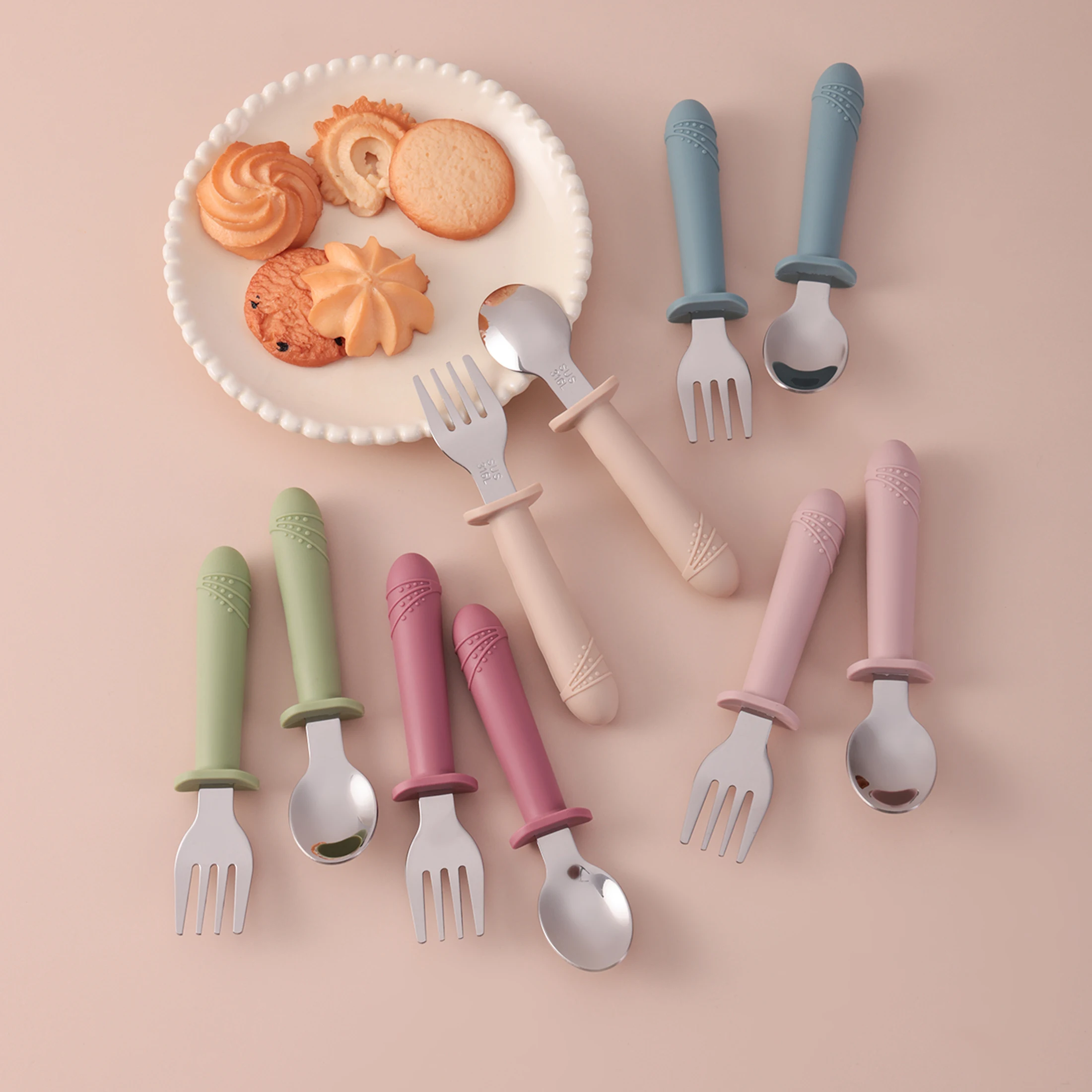Cubiertos de acero inoxidable con mango silicona para bebé - imagen 4