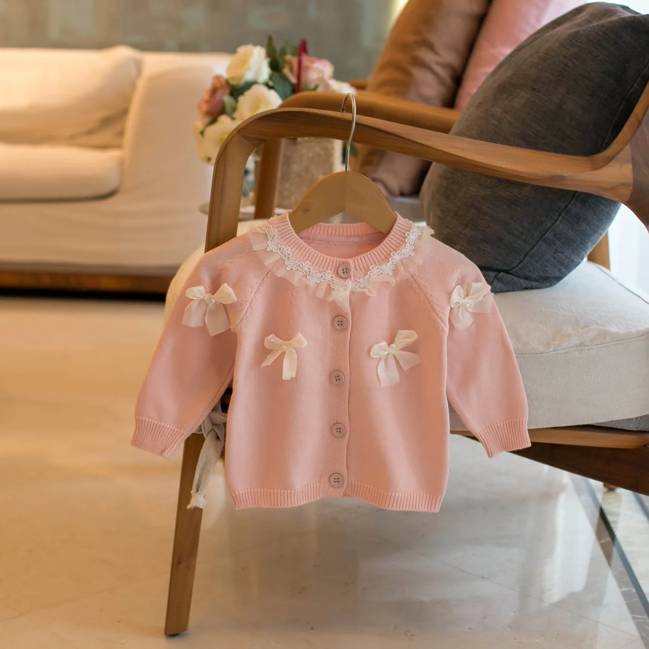 Suéteres para niños, cárdigans de punto calados para niñas, suéteres con volantes para niñas, traje de punto para chicas de moda - imagen 3