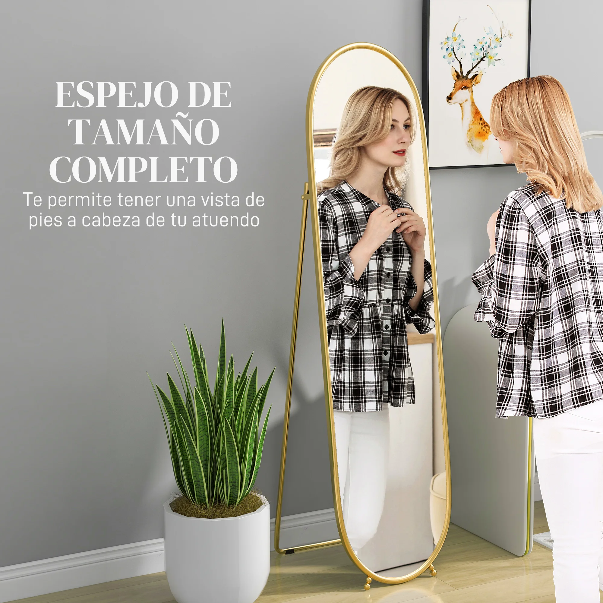HOMCOM Espejo de Pie Cuerpo Entero Ovalado 160x40 cm, Espejo de Cuerpo Entero con Soporte, 2 Formas de Uso, Independiente y Apoyado, para Salón, Entrada, Dormitorio, Dorado - imagen 4