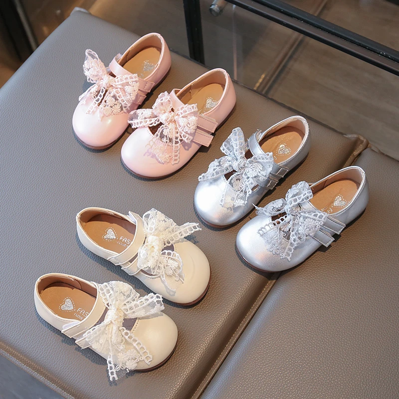 Zapatos de cuero para niñas de primavera, zapatos de princesa con lazo de encaje para fiesta de cumpleaños, zapatos informales antideslizantes de suela blanda para niños - imagen 2