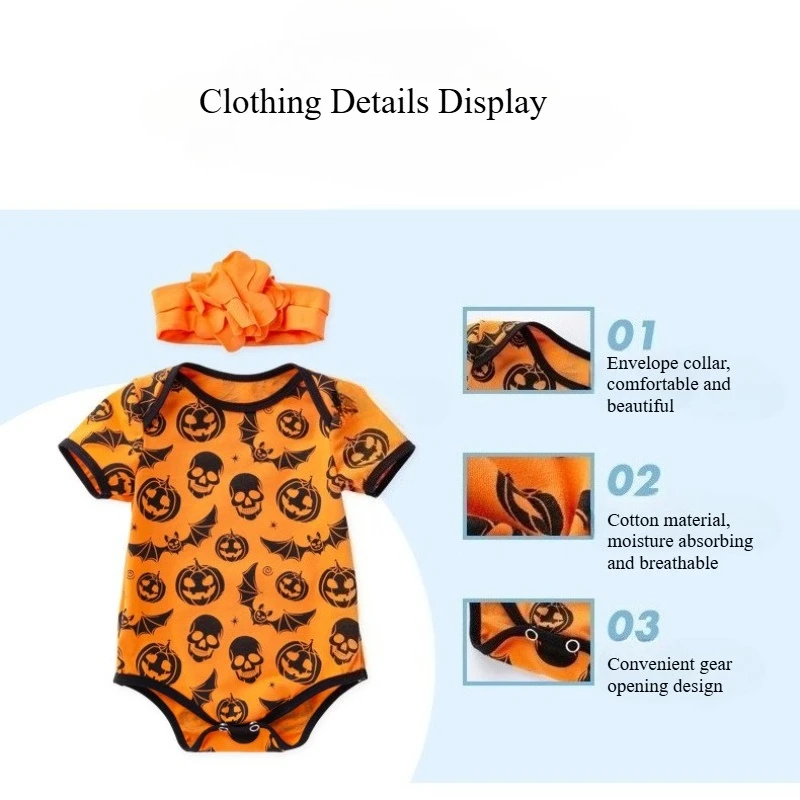 Barboteuse d'halloween unisexe pour bébé, avec bandeau, body imprimé mignon à manches courtes, combinaison de fête confortable pour garçons et filles - imagen 4