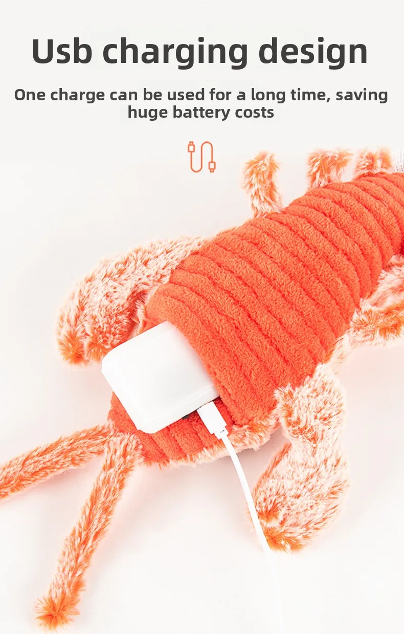 Juguetes eléctricos para mascotas, langosta saltadora simulada, juguetes de peluche para gatos, molares recargables por USB, limpieza de dientes, juguete para perros, camarones saltadores por gravedad - imagen 4