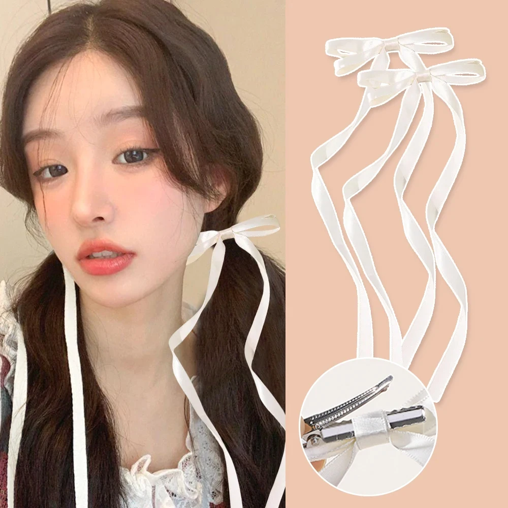 2 unids/set de pinzas para el cabello con lazo de cinta larga, tocados para mujeres y niñas, Clip superior con lazo blanco y negro, accesorios para el cabello con horquilla para niños y mujeres - imagen 2