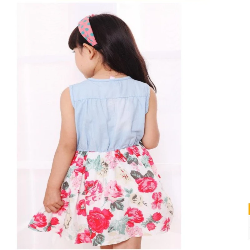 Nuevo vestido de verano de estilo coreano para niñas, bonito vestido Midi vaquero de mezcla de algodón con estampado Floral, falda sin mangas fresca y transpirable - imagen 5