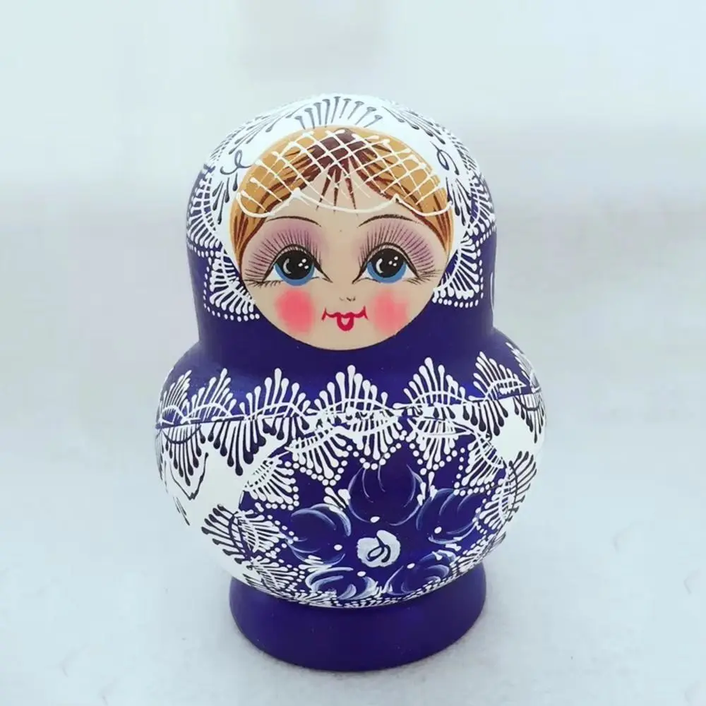 Muñecas rusas de madera hechas a mano apilables estampado floral azul - imagen 2