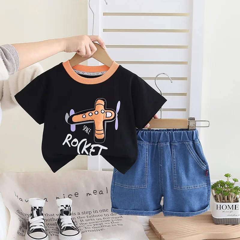 Ropa de verano para bebés, Tops de manga corta bonitos de dibujos animados informales coreanos + Pantalones cortos de mezclilla, ropa de Boutique para niños, conjuntos para niños BC2264 - imagen 5