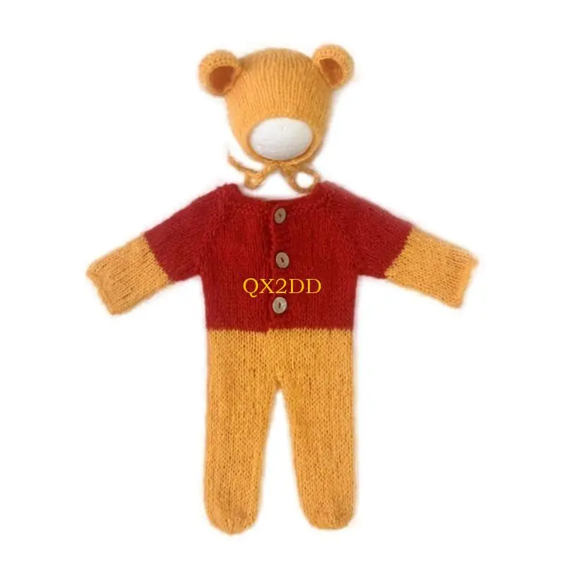 QX2D 2 unids/set ropa fotografía para recién nacidos Mohair sombrero con orejas oso + monos para bebés - imagen 2