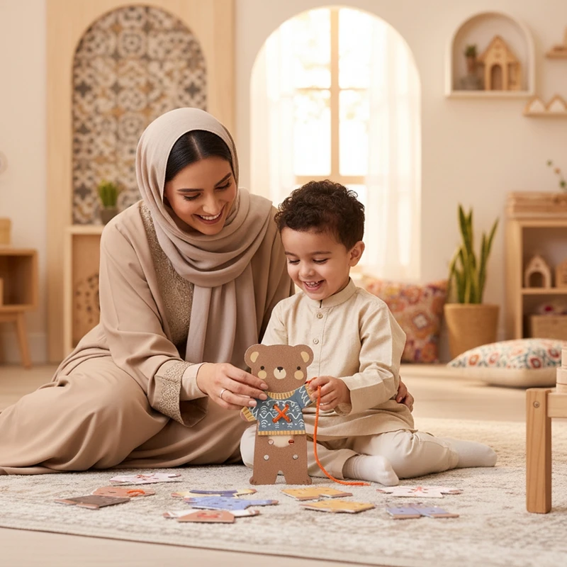 Montessori bebé el juguete de enhebrado del osito es un juguete educativo y educativo con un pequeño oso redondo imag - imagen 3