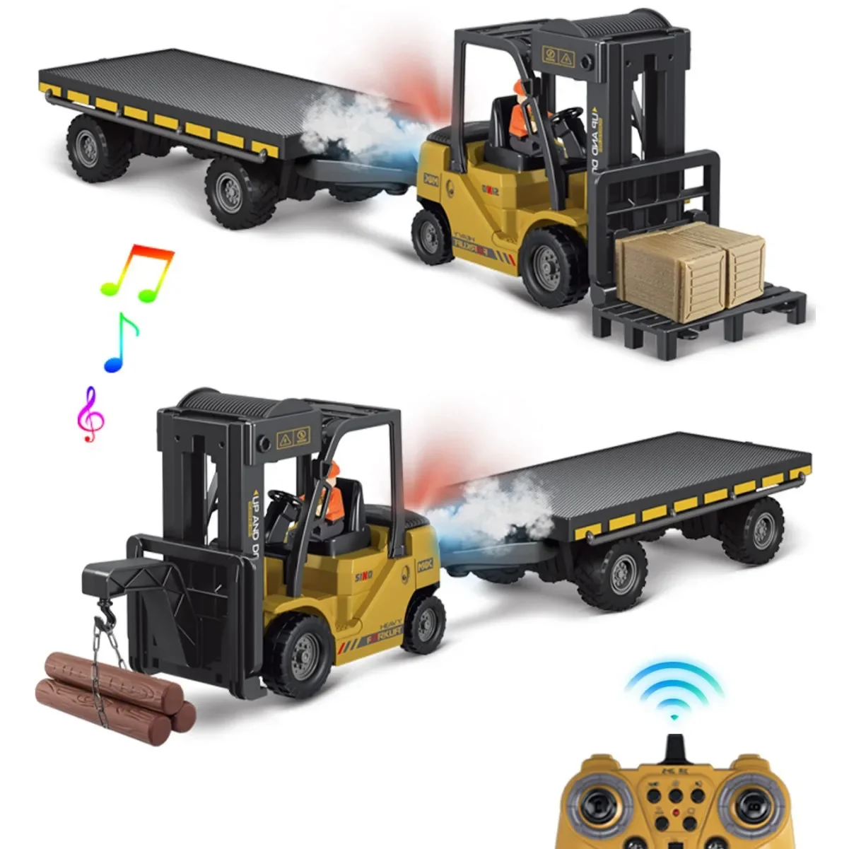 Camion carretilla elevadora Rc 2 en 1 con remolque, Control remoto, vehículos de ingeniería, grullas, pulverizador elevable, juguetes con sonido simulado, regalos
