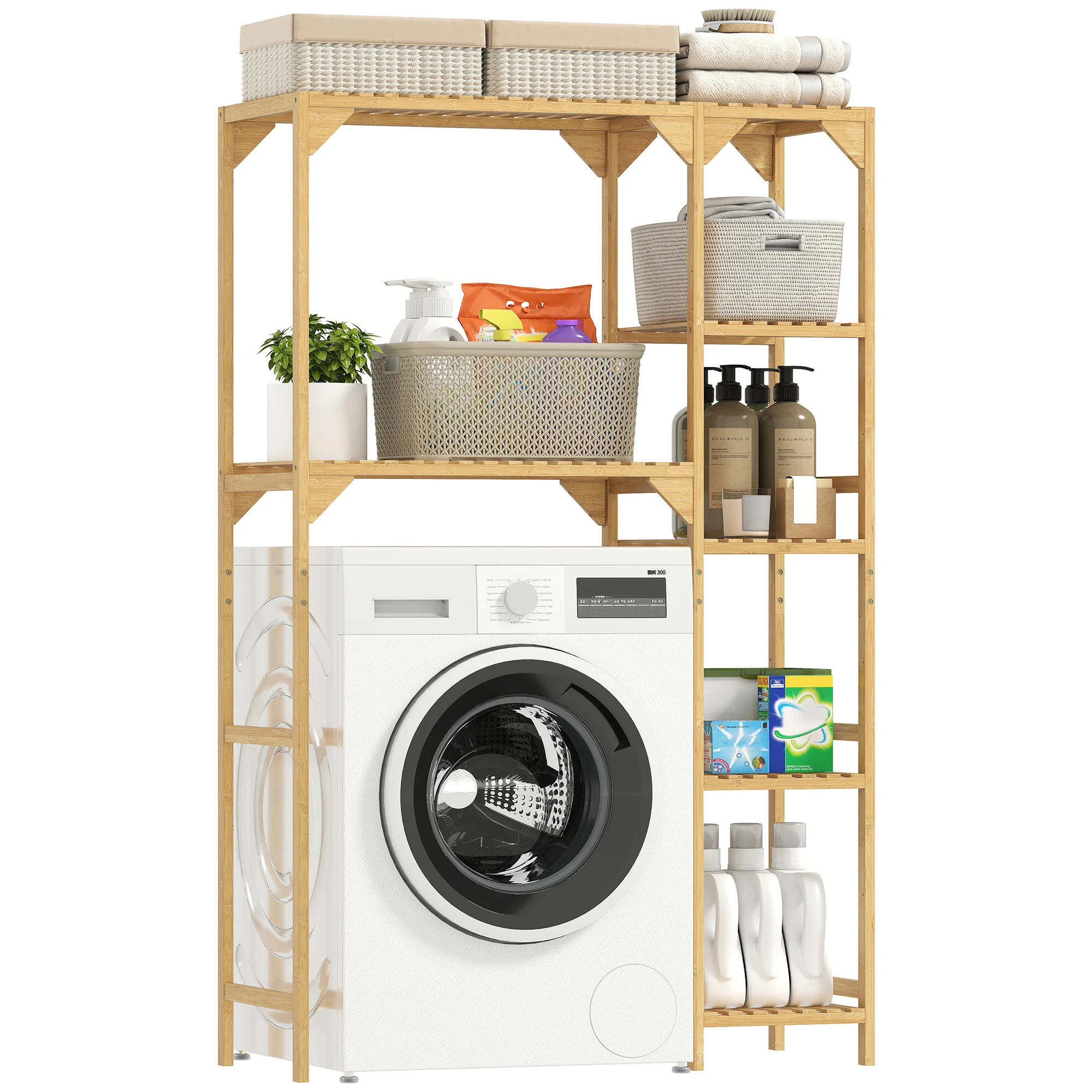 HOMCOM Estantería para Lavadora de Bambú, Mueble para Lavadora o Inodoro con Estantes Reversibles y Ajustables, Ahorra Espacio, Para Lavandería, Baño, Madera Natural