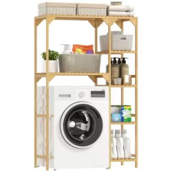HOMCOM Estantería para Lavadora de Bambú, Mueble para Lavadora o Inodoro con Estantes Reversibles y Ajustables, Ahorra Espacio, Para Lavandería, Baño, Madera Natural