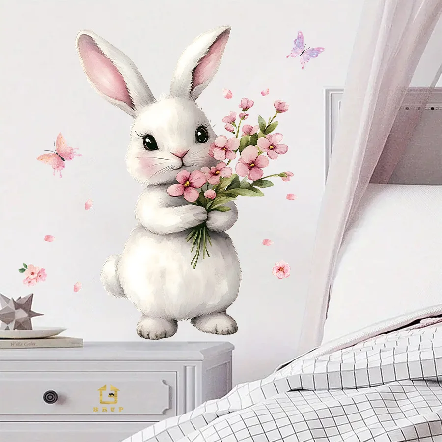 Adhesivo decorativo para pared de dibujos animados de conejo, papel autoadhesivo extraíble, dormitorio, sala de estar, pegatina decorativa para entrada - imagen 3