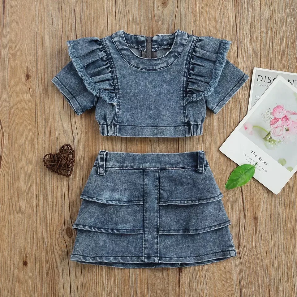 Ropa de verano para niños de 2 piezas, moda coreana para niñas, Tops azules de manga corta + falda, ropa de Boutique para bebés, conjuntos para niños BC442 - imagen 2