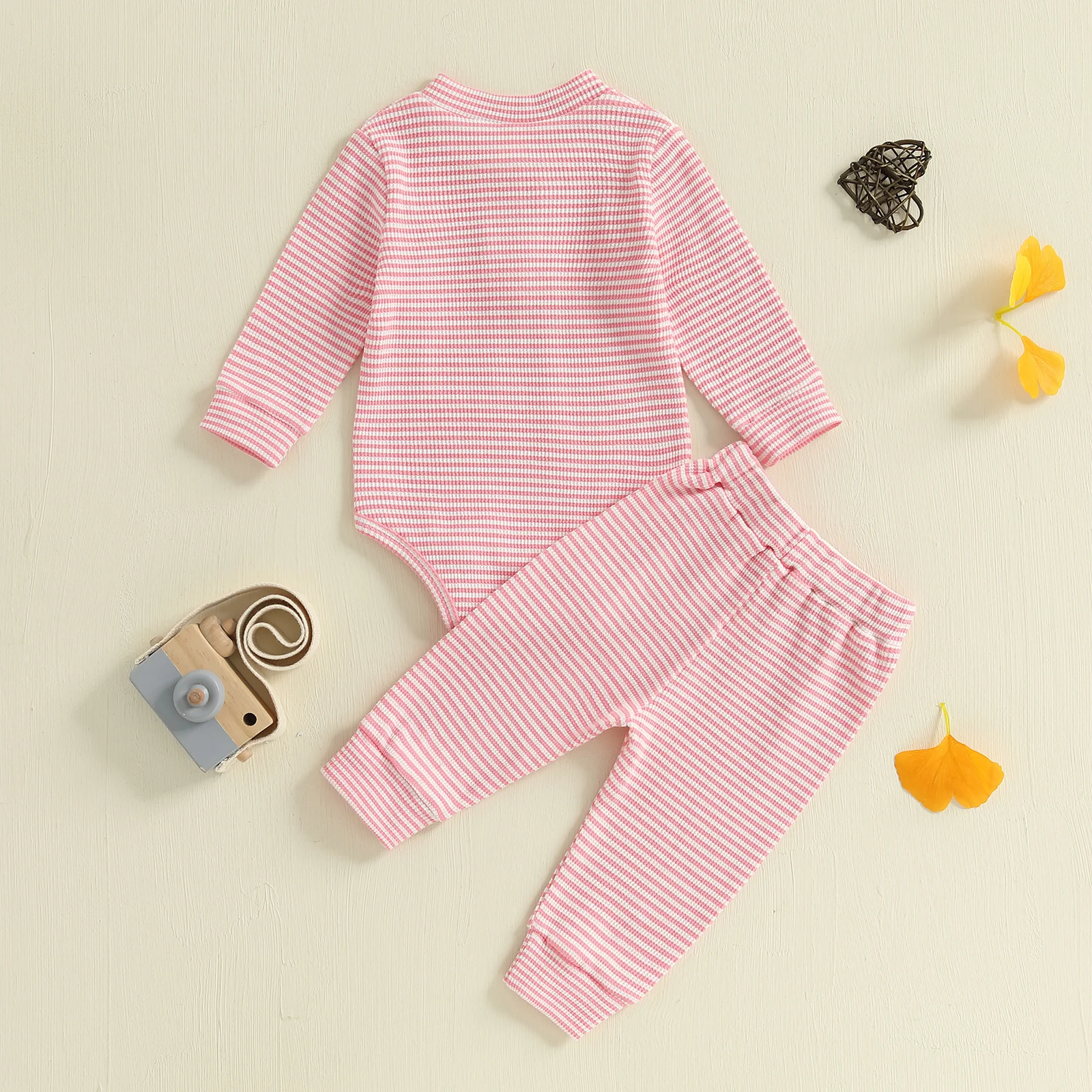 VISgogo Ropa de otoño para bebés y niñas, pelele de manga larga a rayas, pantalones de cintura elástica, traje para recién nacidos de 2 piezas - imagen 4